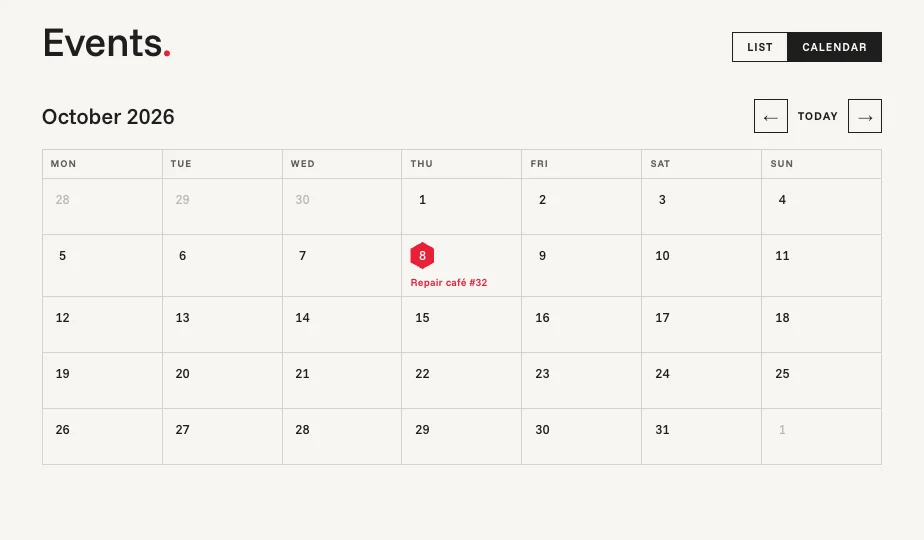 Events calendar view: October 2026 with an event marked on a red hexagon day cell