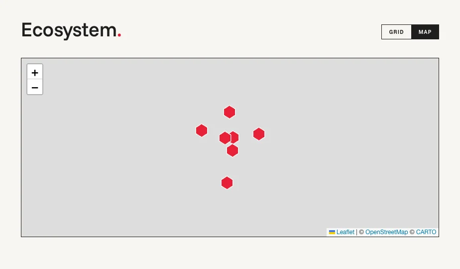 Ecosystem map view: hexagonal red pins over a street map of Zagreb; a grid/map switch sits in the section header