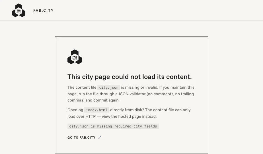 Error card shown when city.json is invalid: plain explanation, the technical reason in a code line, and a link back to fab.city