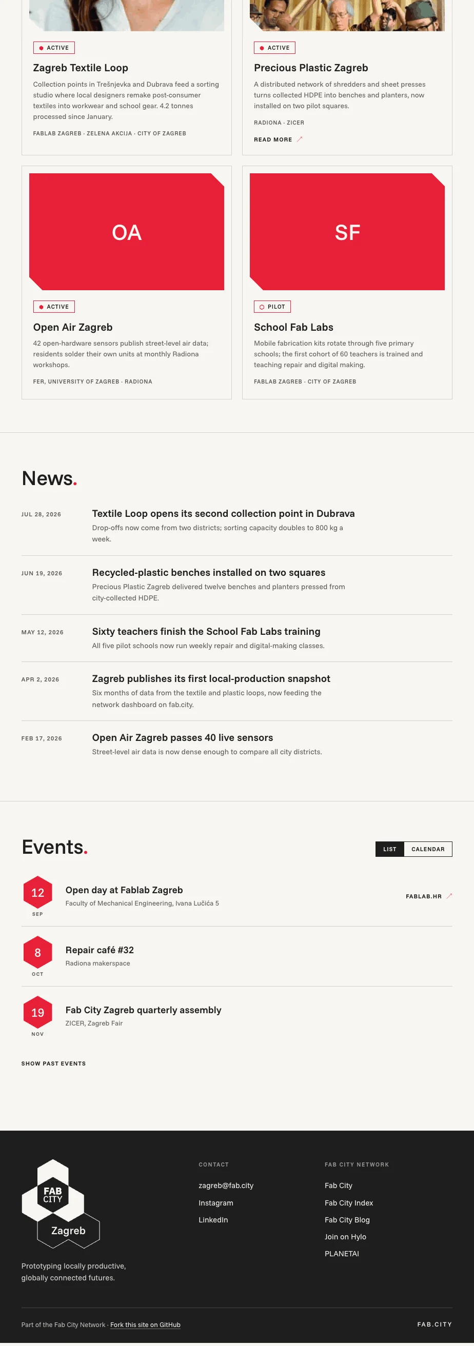 Bottom half of the full sample page: projects, news, events and footer