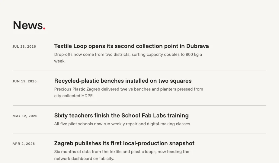 News section: dated list entries with headline and one-line summary